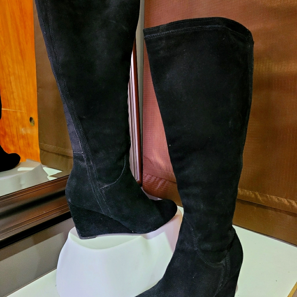 Black Long Suede Boots wedge platform